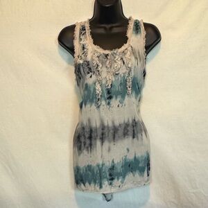 C-173 Ya Los Angeles Cream Teal & Black Ruffled Racer Back Hi Lo Tank Top Size M